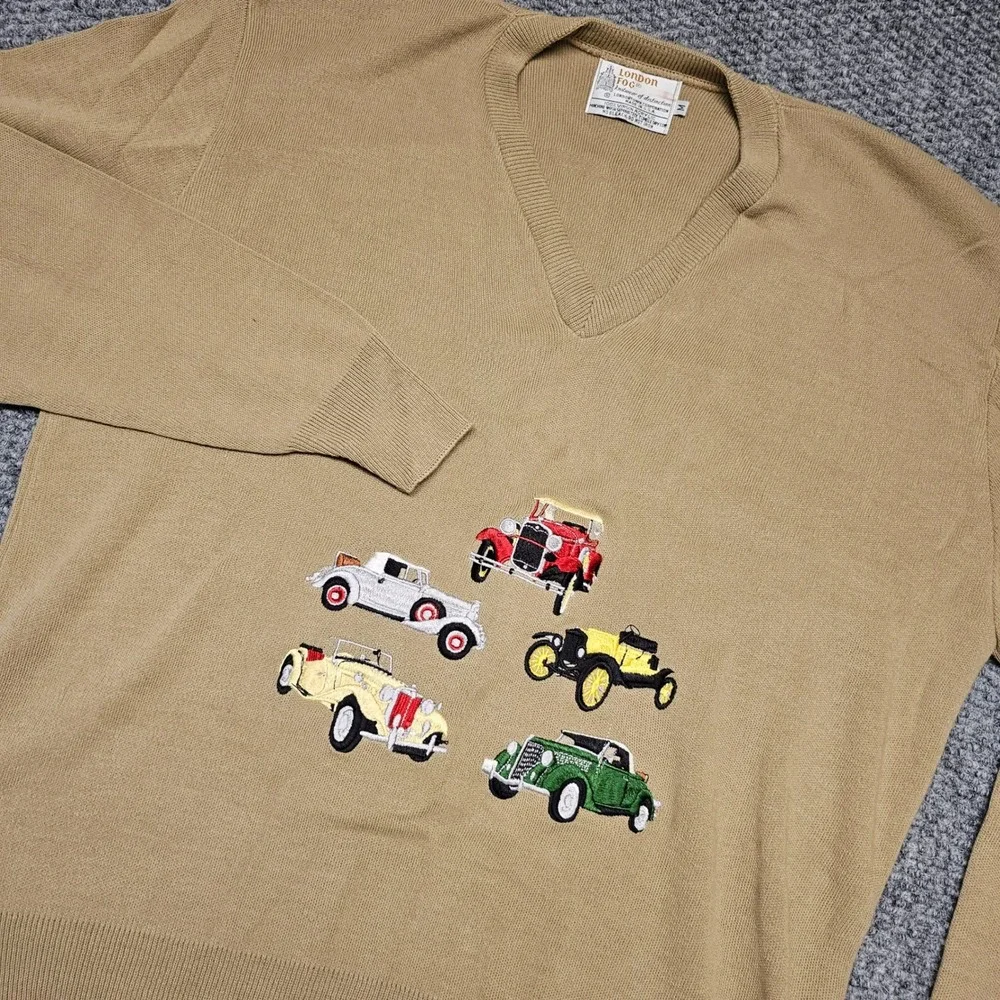 London Fog Mens V Neck Sweater Tan Embroidered‎ Vintage Cars Automobile Size M